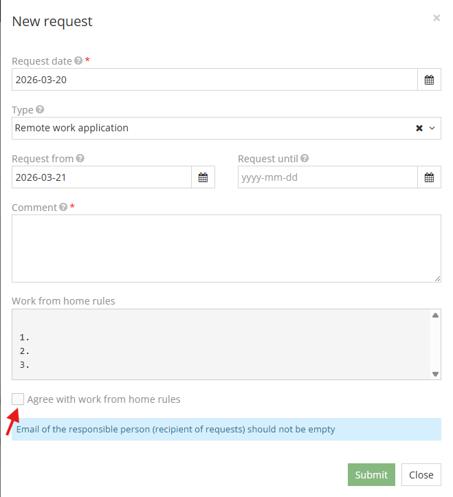 Filling out a remote work request and confirming the rules